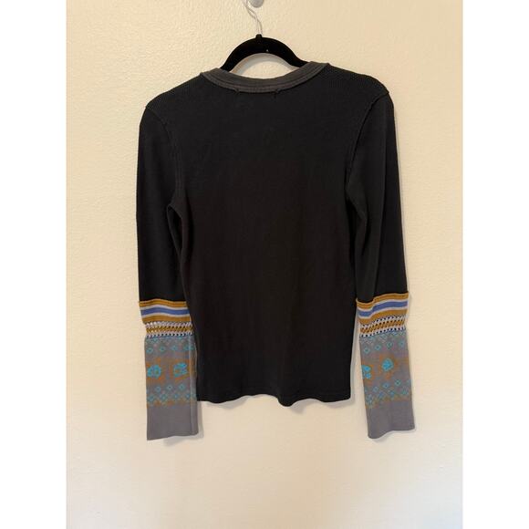 Free People We The Free Mikah Thermal Henley Black Combo Sz M Embroidered Cuffs - Picture 6 of 9